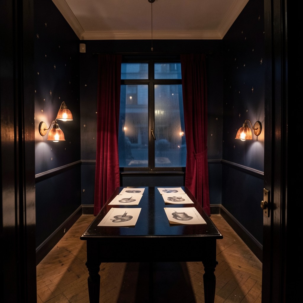 A narrow evening classroom with dark wood, burgundy curtains, and charts clipped along a lacquered table