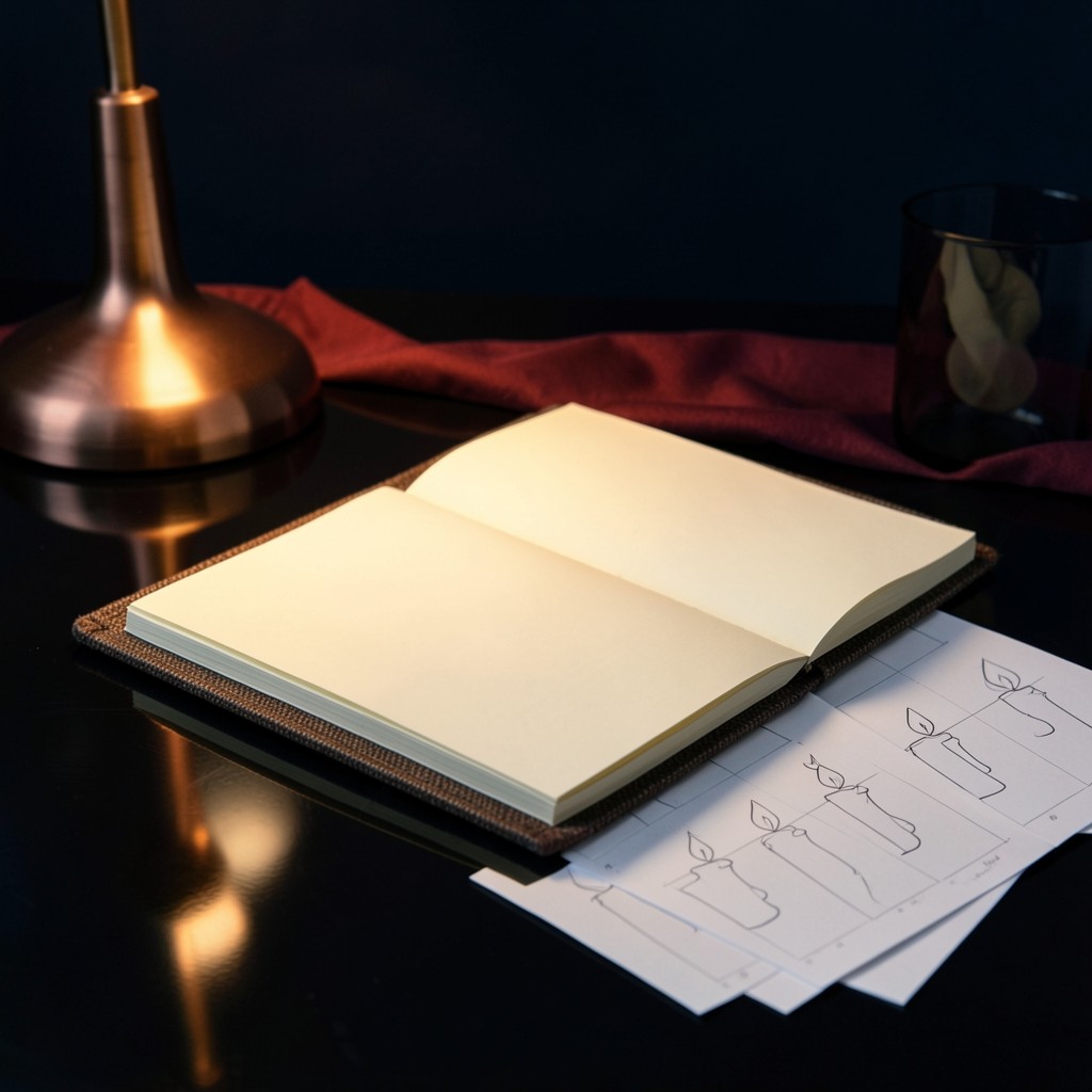 An open cloth-bound notebook beside loose chart sheets on a lacquered desk in low warm light