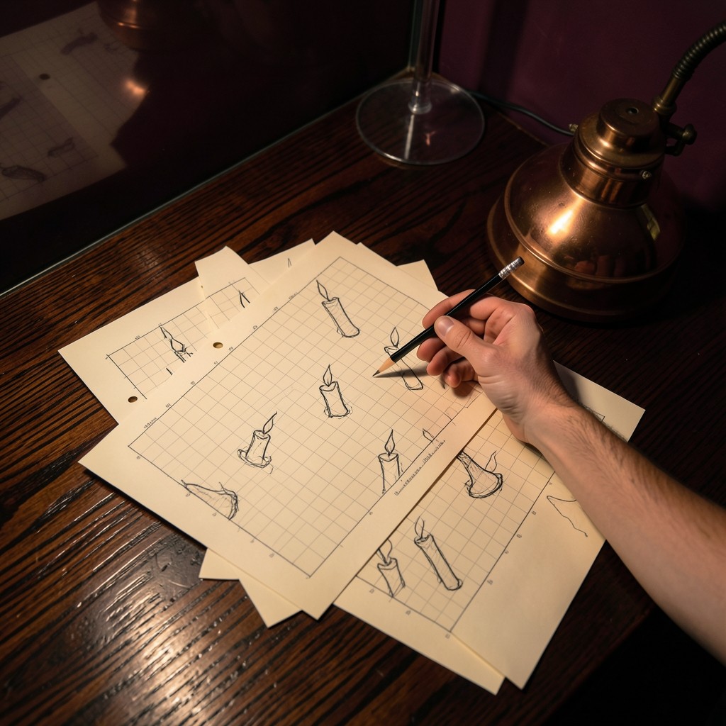 Printed chart sheets spread on dark wood, with a hand holding a pencil above abstract candle shapes