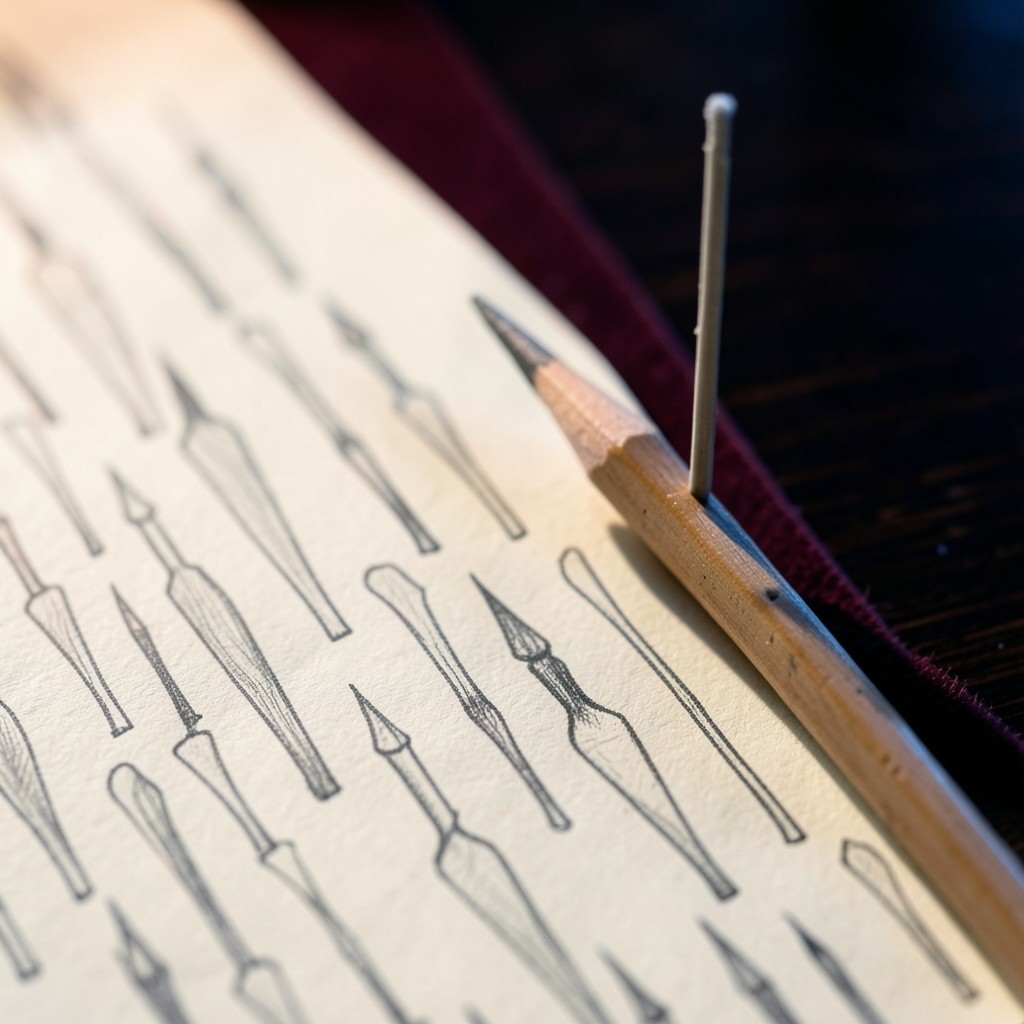 Close view of graphite candlestick shapes on cream paper, a pencil resting beside an unmarked swing