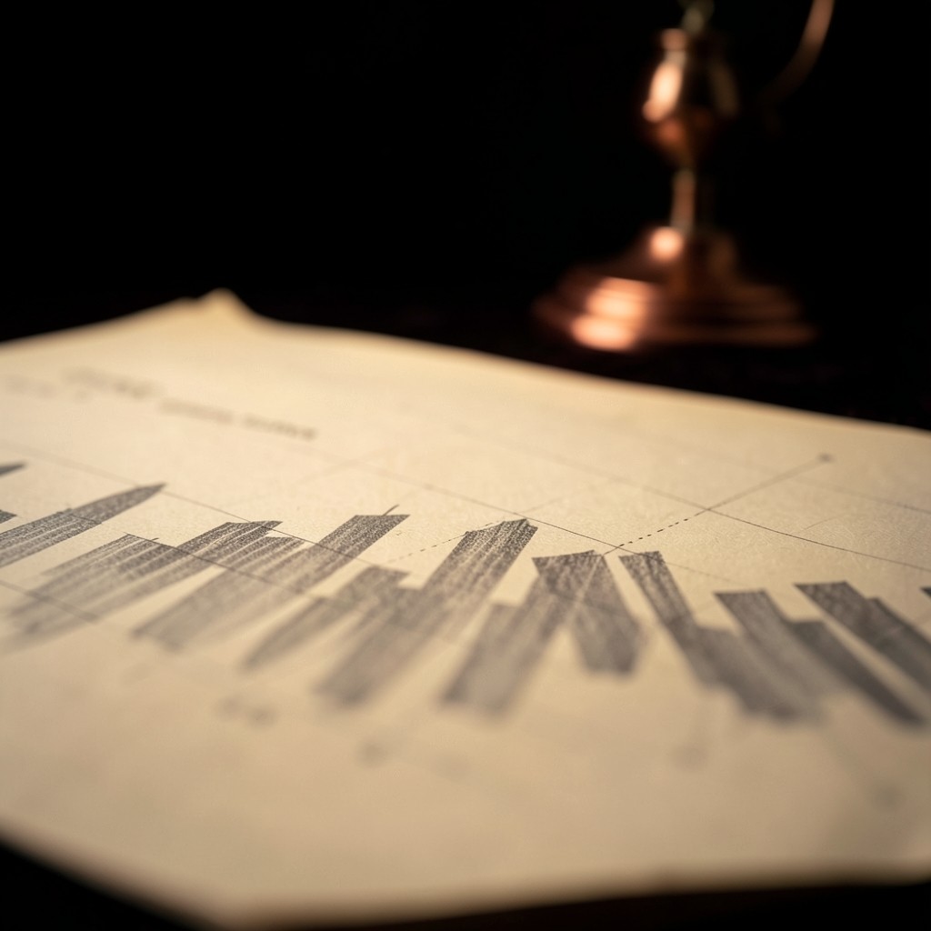Graphite volume marks along the lower edge of a chart sheet, lit by a small copper lamp