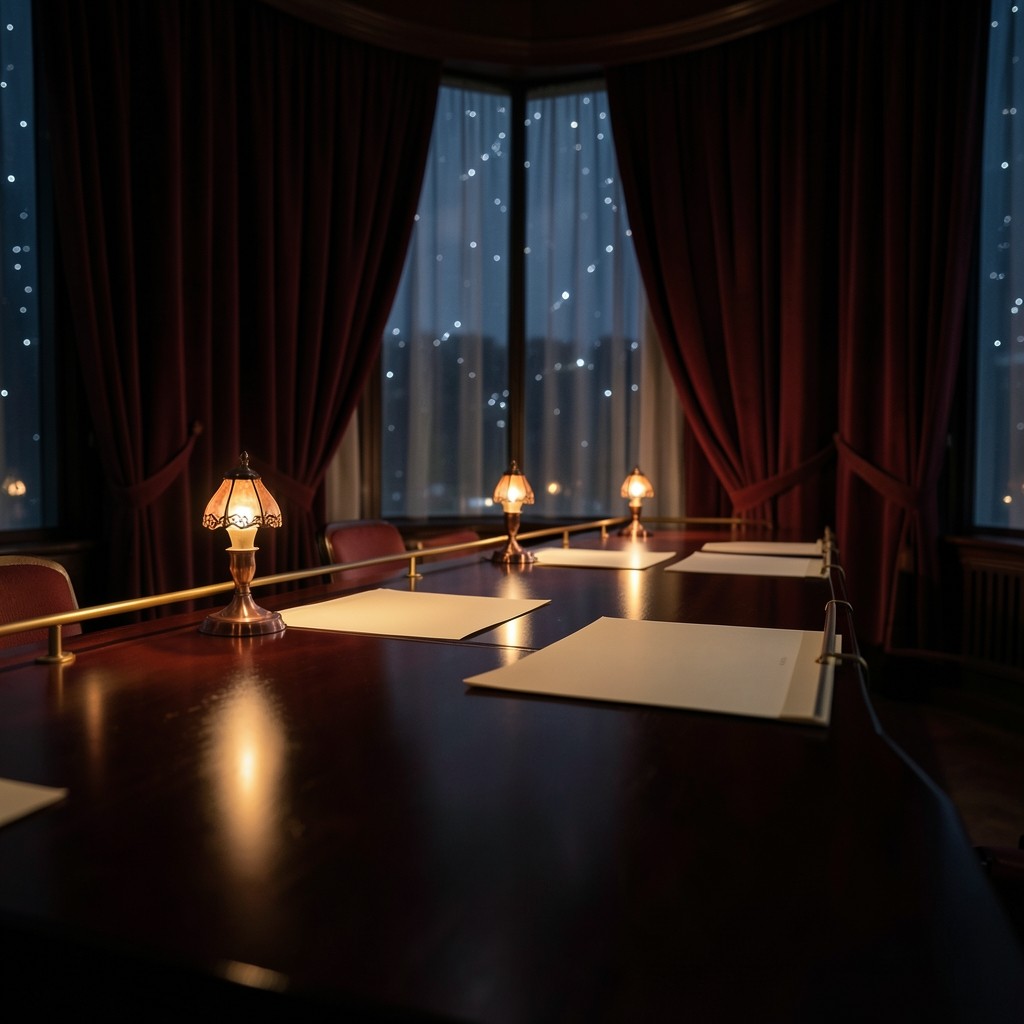 A long dark-wood chart desk with clipped paper sheets, copper lamps, and burgundy velvet curtains