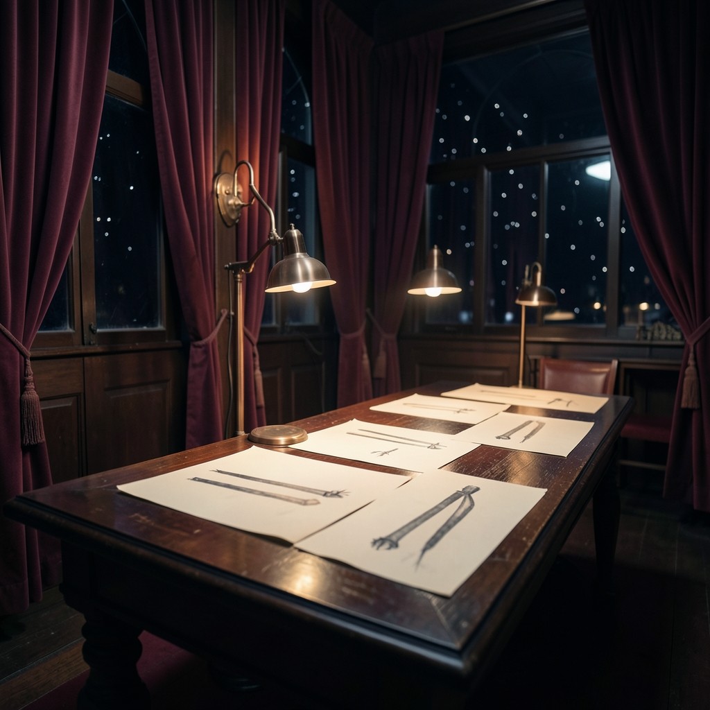 A dim classroom with a long lacquered table, printed charts, and copper lamps against burgundy drapery