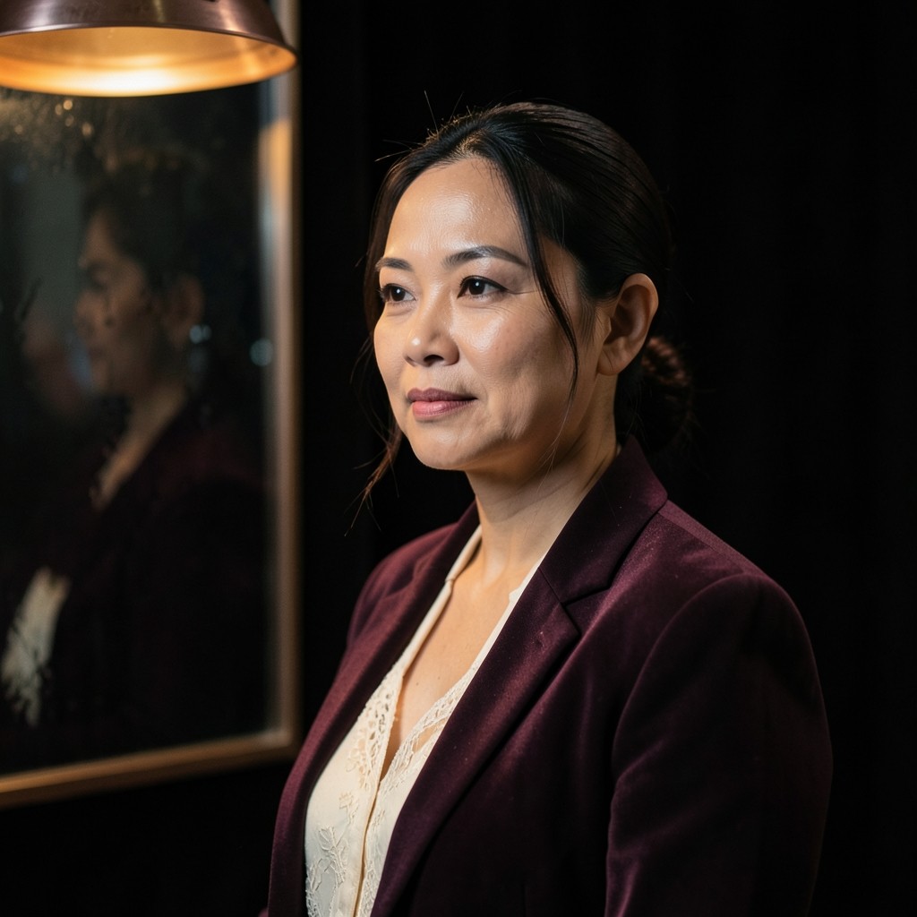 Portrait of Mali Thongchai, a woman in her late thirties in an ivory blouse, standing in a dim study
