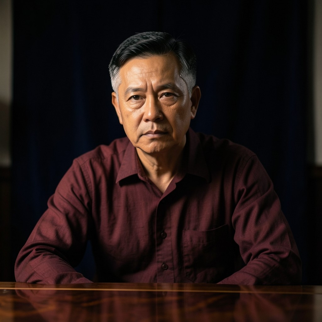 Portrait of Niran Chaiyasit, a man in his late forties in a dark shirt, seated in warm copper light