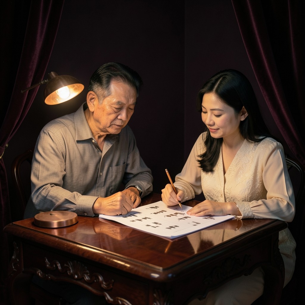 Two adults at a small dark-wood desk comparing pencil marks on a printed chart in warm copper light