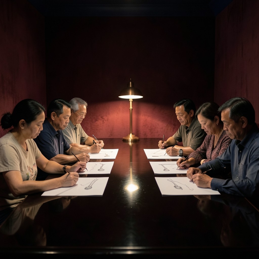 Adults seated along a dark lacquered table marking large printed candlestick charts under copper lamps