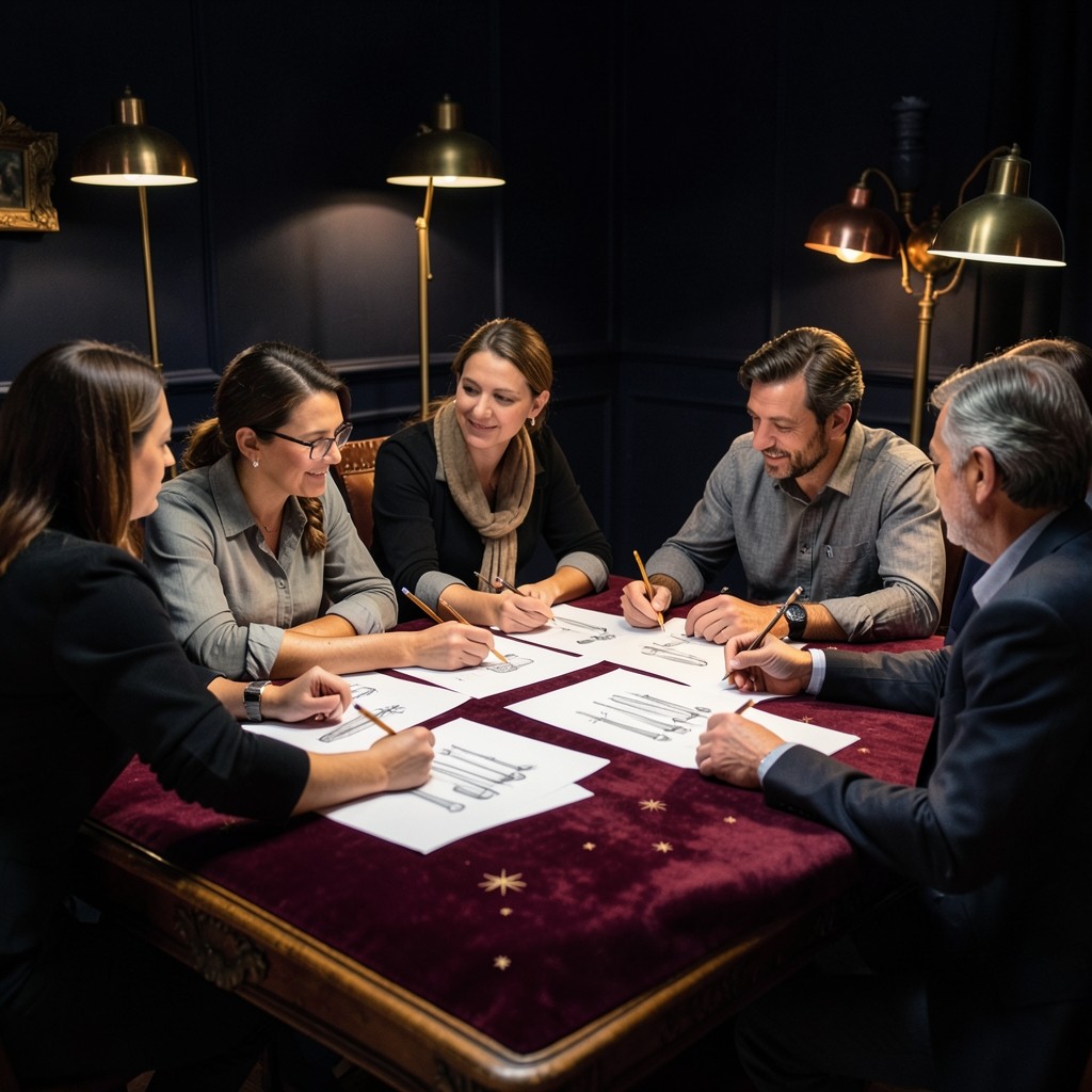 A weekend study group around printed weekly charts in a dim room with burgundy drapery and brass lamps
